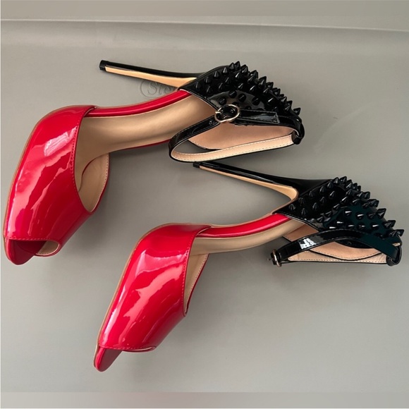 WOMEN PEEP TOE BUCKLE ANKLE STRAP STUDDED STILETTO HIGH HEELS - Picture 5 of 6